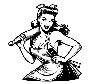 recommend clip art: Vintage housewife character in classic pin-up style black vector