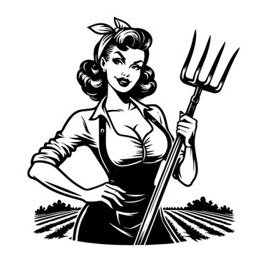 recommend clip art: Vintage housewife character in classic pin-up style black vector