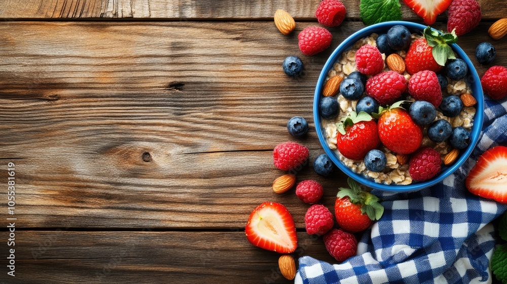 Poster fresh berries and oats in a rustic setting
