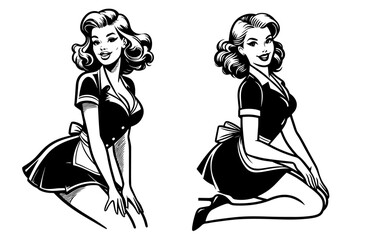 retro pin-up maid illustrations in classic poses, black vector art