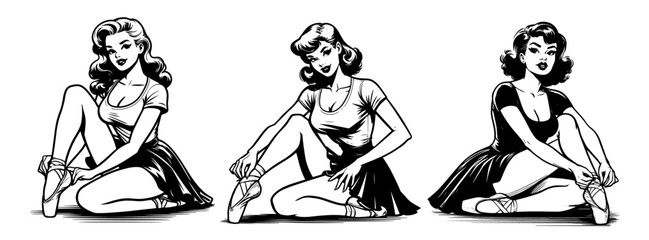 Set of retro women illustrations in vintage pin-up style – black vector