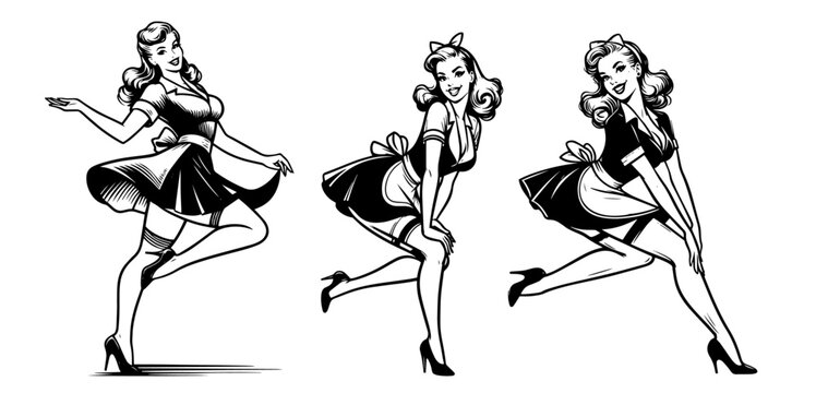 stylish pin-up girls in maid outfits, vintage black vector design