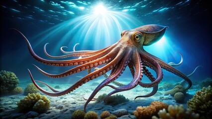 A giant squid sitting on the ocean floor with glowing bioluminescent spots, giant squid, aquatic animal