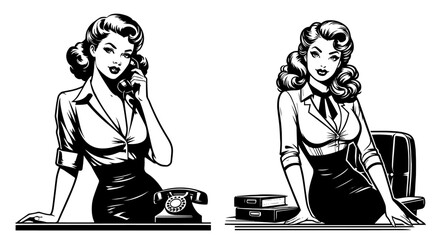playful illustration of a pin-up girl in office attire, with a confident pose black vector