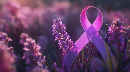 A pink ribbon sits atop a field of colorful flowers