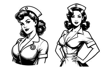retro-inspired pinup nurse character, showcasing the playful side of the medical profession in line art black vector