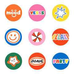 Round Christmas stickers labels with cute characters. Merry Christmas and Happy New Year. Vector illustration