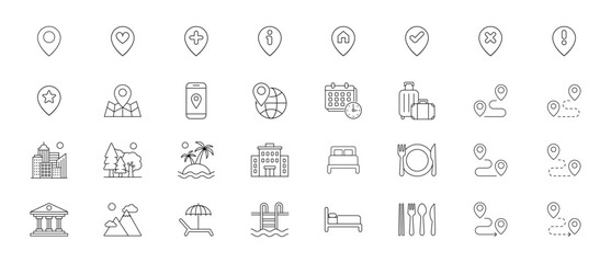 destination landmark travel location pin icon vector tourist attractions sightseeing walking trail route transportation gps map tour guide road trip vacation flight hotel check in check point stop by 