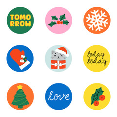 Round Christmas stickers labels with cute characters. Merry Christmas and Happy New Year. Vector illustration