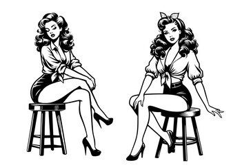 vintage pin-up girl portrait in line art, ideal for retro-inspired branding and promotional materials black vector