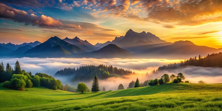 Sunrise over the misty valley, revealing the rugged silhouettes of distant peaks.  The golden light bathes the rolling hills in a soft glow, creating a sense of tranquility and wonder.