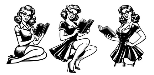 stylish pin-up girl with book, blending elegance and flirtation in a classic pin-up style black vector