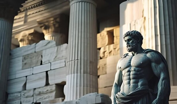 Greek statue of strong muscular stoic man, side shot, facing forward with a Greek temple behind him