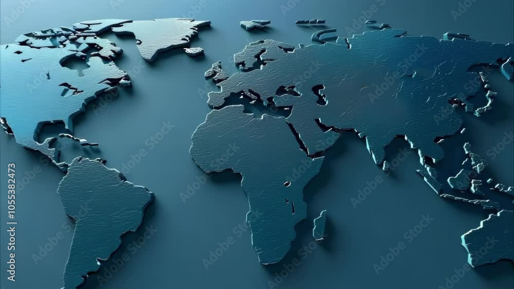 Poster a 3d representation of a world map, highlighting continents and geographical features.