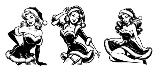 retro santa girl in christmas pin-up style black vector