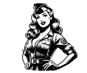 charming pin-up girl in soldier outfit, blending feminine allure with military aesthetics black vector