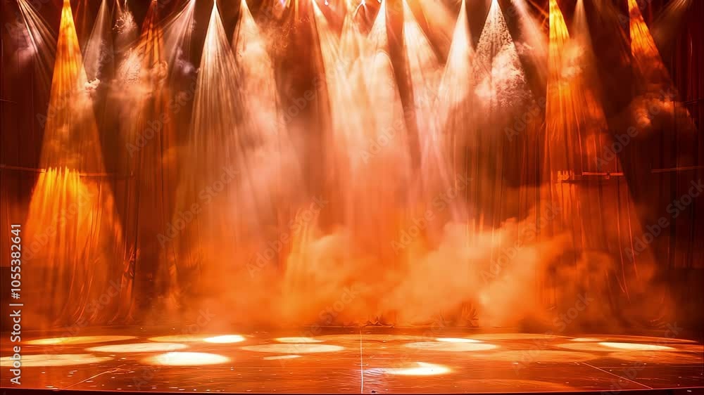 Poster a stage illuminated by warm orange lights and hazy fog, creating a dramatic atmosphere for a perform