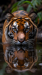 Fototapeta premium Tigers have powerful builds, bold orange fur with black stripes, and intense eyes. There is a sense of strength and grace about the tiger's face, with sharp features and a focused gaze.