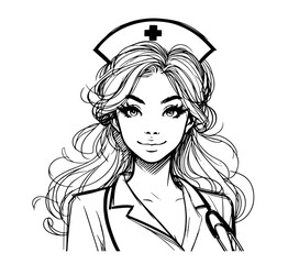 retro style pin-up nurse in line art, combining medical theme with playful vintage aesthetics black vector