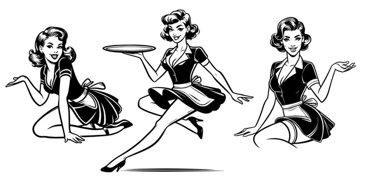 playful pin-up waitress in uniform with apron, retro black vector"