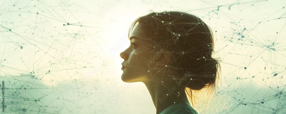 Poster woman connecting with global network in futuristic communication concept