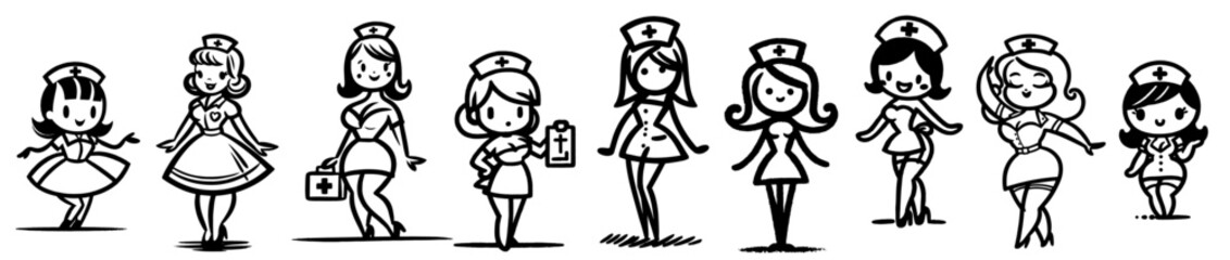 playful pin-up nurse line drawing, showcasing cartoon style with a classic, retro look black vector