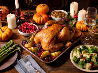 dinner table with roasted chicken
