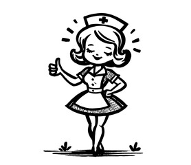 vintage pin-up nurse in cartoon style line art, combining elegance and charm for a nostalgic medical theme black vector