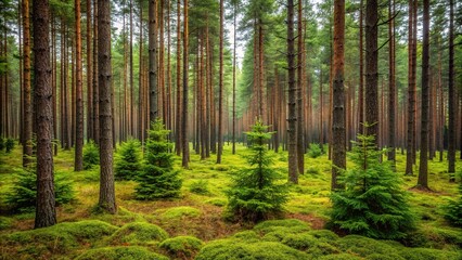 Fototapeta premium A group of pine trees forming a dense thicket in the forest floor, outdoors, landscape, trees, pine tree, foliage