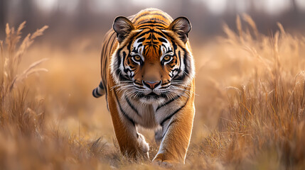 Fototapeta premium Tigers have powerful builds, bold orange fur with black stripes, and intense eyes. There is a sense of strength and grace about the tiger's face, with sharp features and a focused gaze.