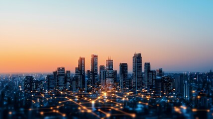 Obraz premium A futuristic city skyline illuminated at sunset, glowing with an abstract network of connections.