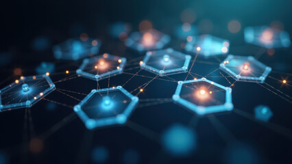 Obraz premium Molecular structure with glowing atoms and bonds, illuminated in blue and orange.