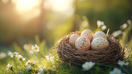 Fototapeta premium Bird's nest with eggs close-up On the Sunny Lawn 