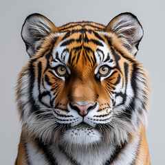 Fototapeta premium Tigers have powerful builds, bold orange fur with black stripes, and intense eyes. There is a sense of strength and grace about the tiger's face, with sharp features and a focused gaze.