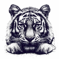 Fototapeta premium Tigers have powerful builds, bold orange fur with black stripes, and intense eyes. There is a sense of strength and grace about the tiger's face, with sharp features and a focused gaze.
