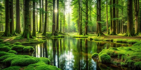 A lush forest with tall trees and a carpet of green moss, surrounded by a tranquil pond, wilderness, moss