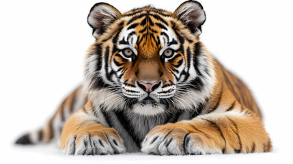 Fototapeta premium Tigers have powerful builds, bold orange fur with black stripes, and intense eyes. There is a sense of strength and grace about the tiger's face, with sharp features and a focused gaze.