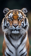 Obraz premium Tigers have powerful builds, bold orange fur with black stripes, and intense eyes. There is a sense of strength and grace about the tiger's face, with sharp features and a focused gaze.