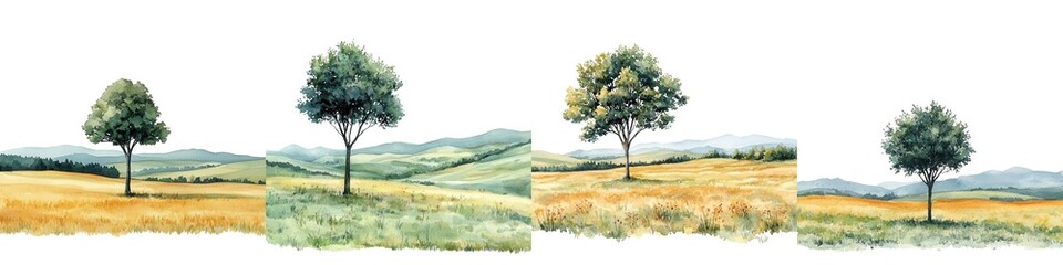 Obraz premium Watercolor Landscape A series of four watercolor trees depicting seasonal changes in a beautiful landscape, showcasing nature's beauty in vibrant colors.