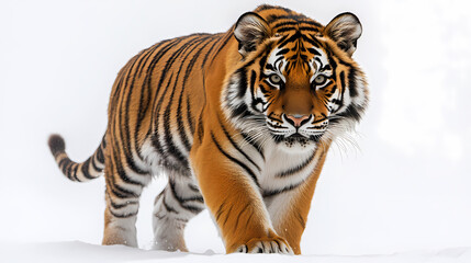 Naklejka premium Tigers have powerful builds, bold orange fur with black stripes, and intense eyes. There is a sense of strength and grace about the tiger's face, with sharp features and a focused gaze.