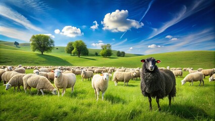 Obraz premium Black Sheep in a Flock of White Sheep – Unique Contrast in Nature