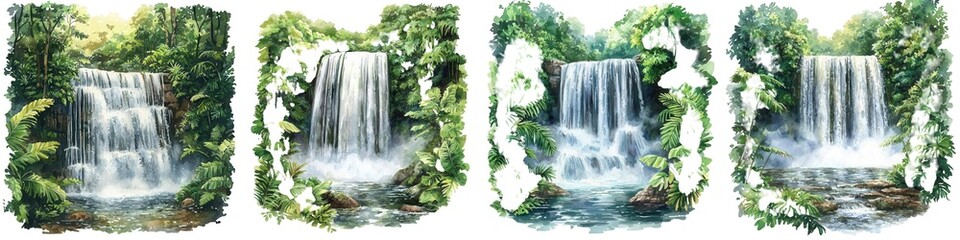 Naklejka premium Watercolor Landscape Four picturesque watercolor waterfalls surrounded by lush greenery, capturing the serenity and beauty of nature in vivid detail.