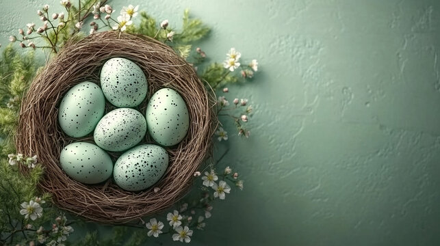 Easter eggs nested on a soft green background with space for text
