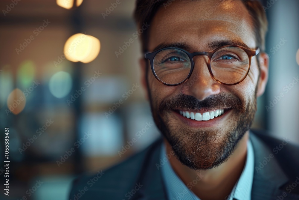 Poster a smiling man with a beard and glasses, suitable for various uses such as advertising or editorial c