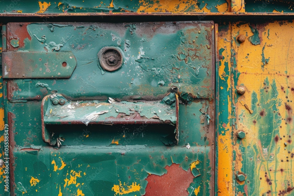 Poster a close-up shot of a green door with rust on the surface, perfect for decorating or as a prop in int