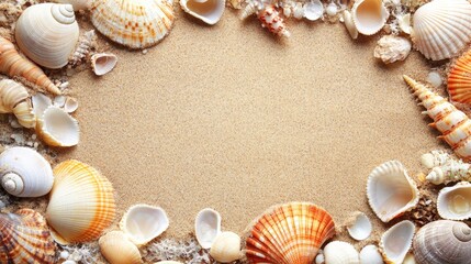 Obraz premium Colorful Seashells on Sandy Beach Background
