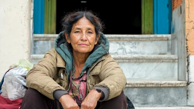 Homeless woman sitting with her belongings on the steps of an old building. Slow zoom in. 
