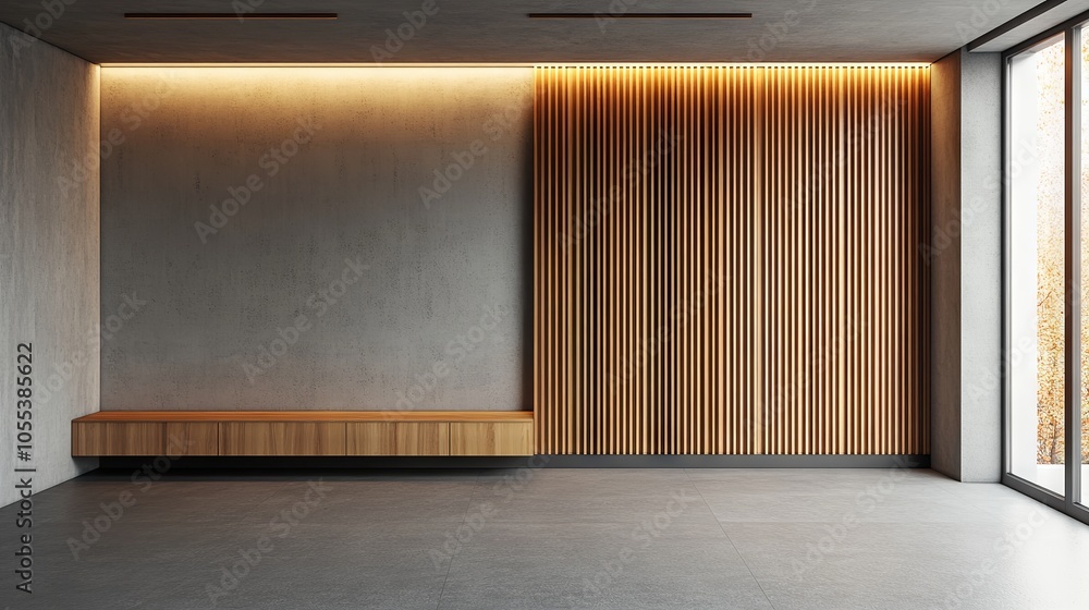 Poster spacious modern empty room featuring gray slatted accent wall and custom built-in wooden cabinet – h