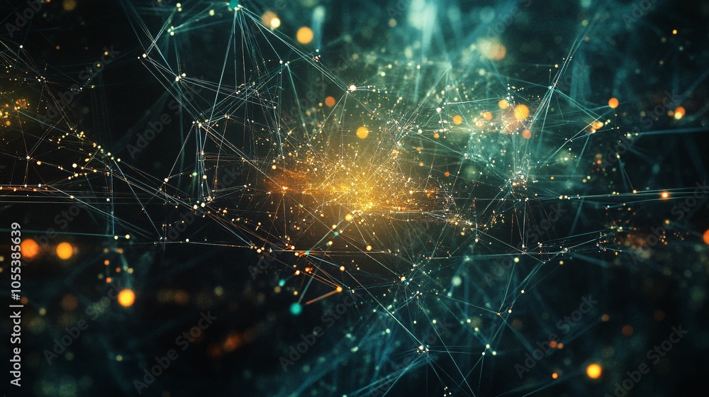 Poster Abstract plexus network connecting glowing dots and lines representing global communication