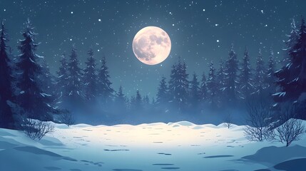 Naklejka premium Snowy Winter Forest Bathed in Moonlight and Starry Night Sky